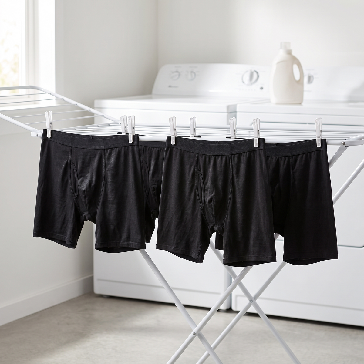 Four Garrison boxer briefs drying on a rack after a wash